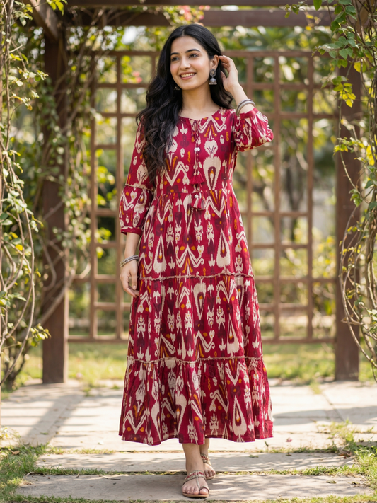 Ethnic Ikat Printed Fit & Flare Maxi Dress with Tassel Detailing - Red