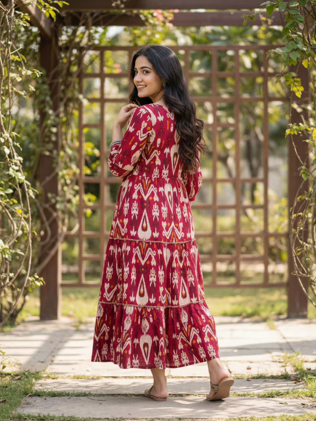 Ethnic Ikat Printed Fit & Flare Maxi Dress with Tassel Detailing - Red