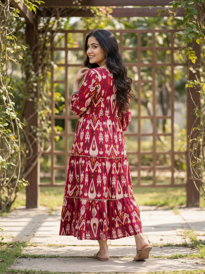 Ethnic Ikat Printed Fit & Flare Maxi Dress with Tassel Detailing - Red