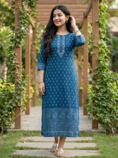 Ethnic Printed Sequin Embellished Straight Kurta - Blue