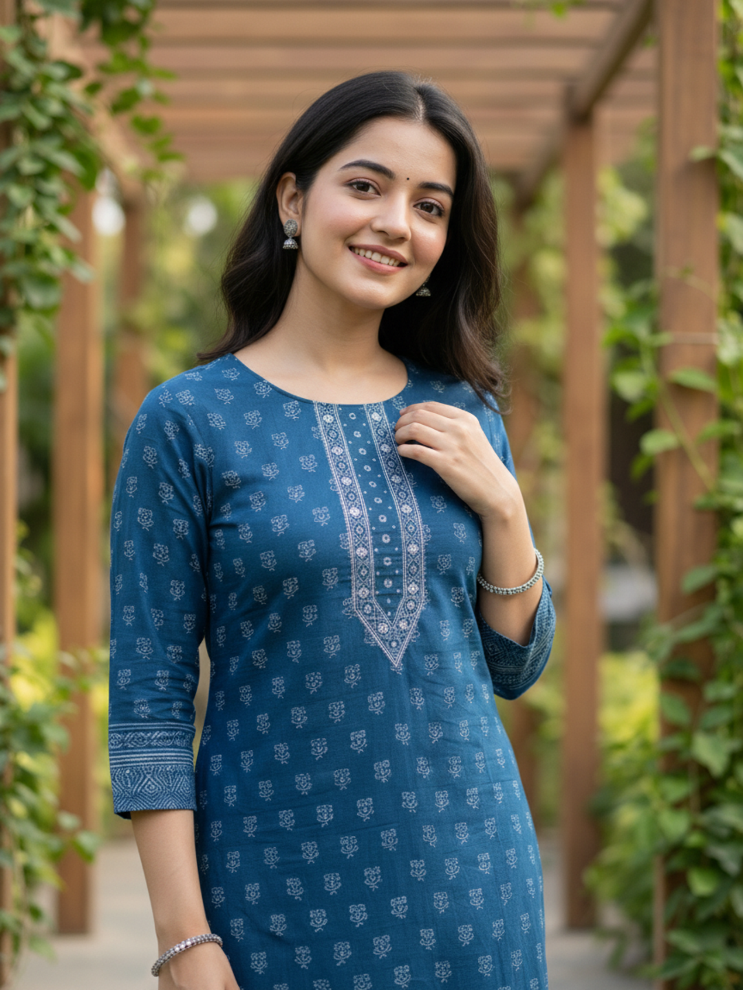 Ethnic Printed Sequin Embellished Straight Kurta - Blue