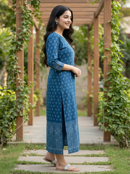 Ethnic Printed Sequin Embellished Straight Kurta - Blue