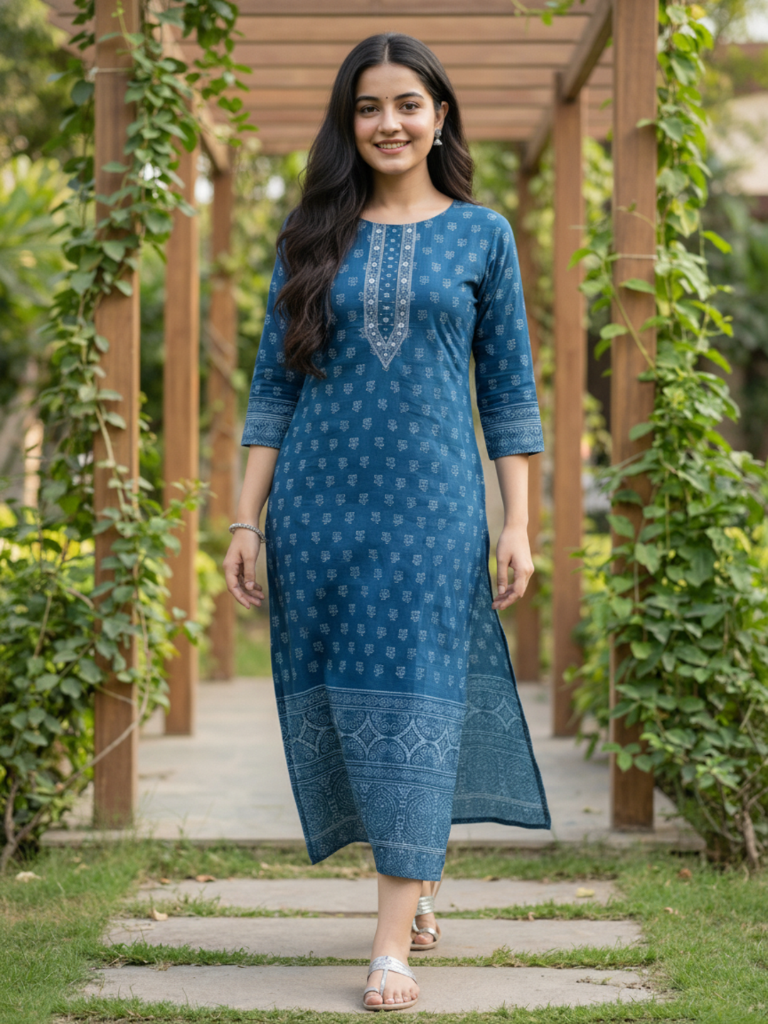 Ethnic Printed Sequin Embellished Straight Kurta - Blue