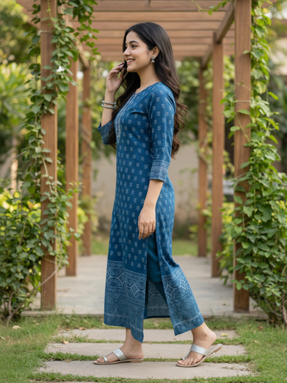 Ethnic Printed Sequin Embellished Straight Kurta - Blue