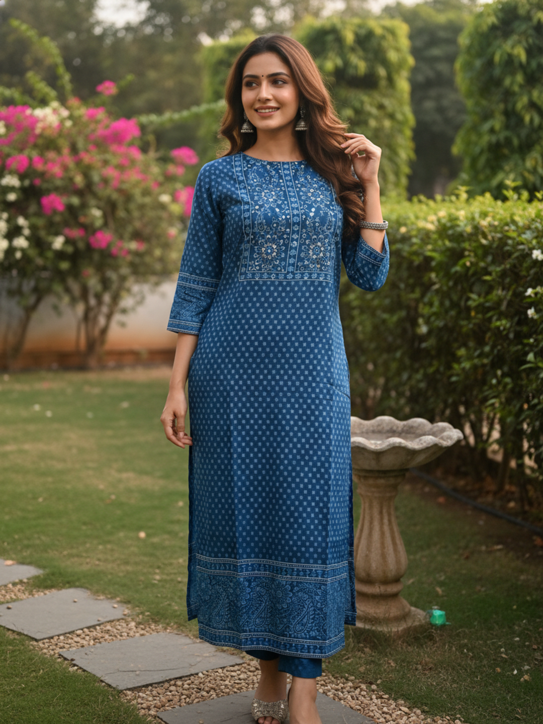 Ethnic Printed Mirror Work & Sequin Embellished Straight Kurta - Blue