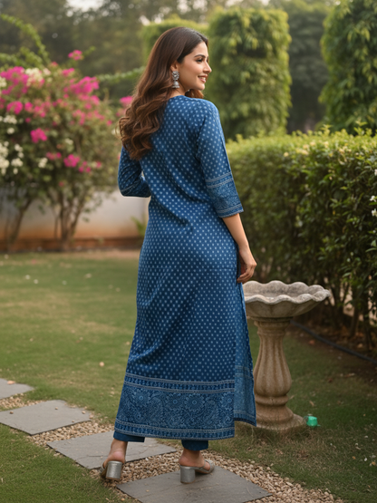 Ethnic Printed Mirror Work & Sequin Embellished Straight Kurta - Blue