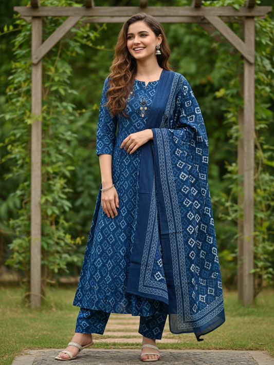 Ethnic Printed Embroidered Anarkali Kurta with Pyjama & Dupatta - Blue