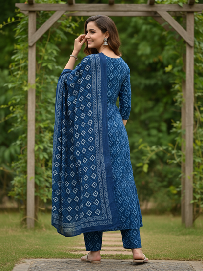 Ethnic Printed Embroidered Anarkali Kurta with Pyjama & Dupatta - Blue