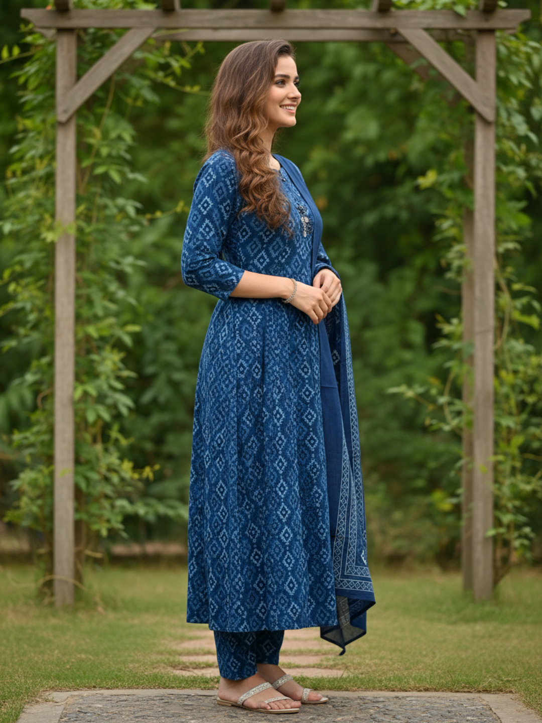 Ethnic Printed Embroidered Anarkali Kurta with Pyjama & Dupatta - Blue