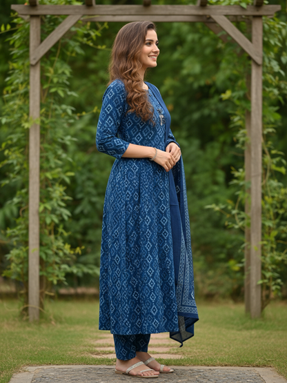 Ethnic Printed Embroidered Anarkali Kurta with Pyjama & Dupatta - Blue