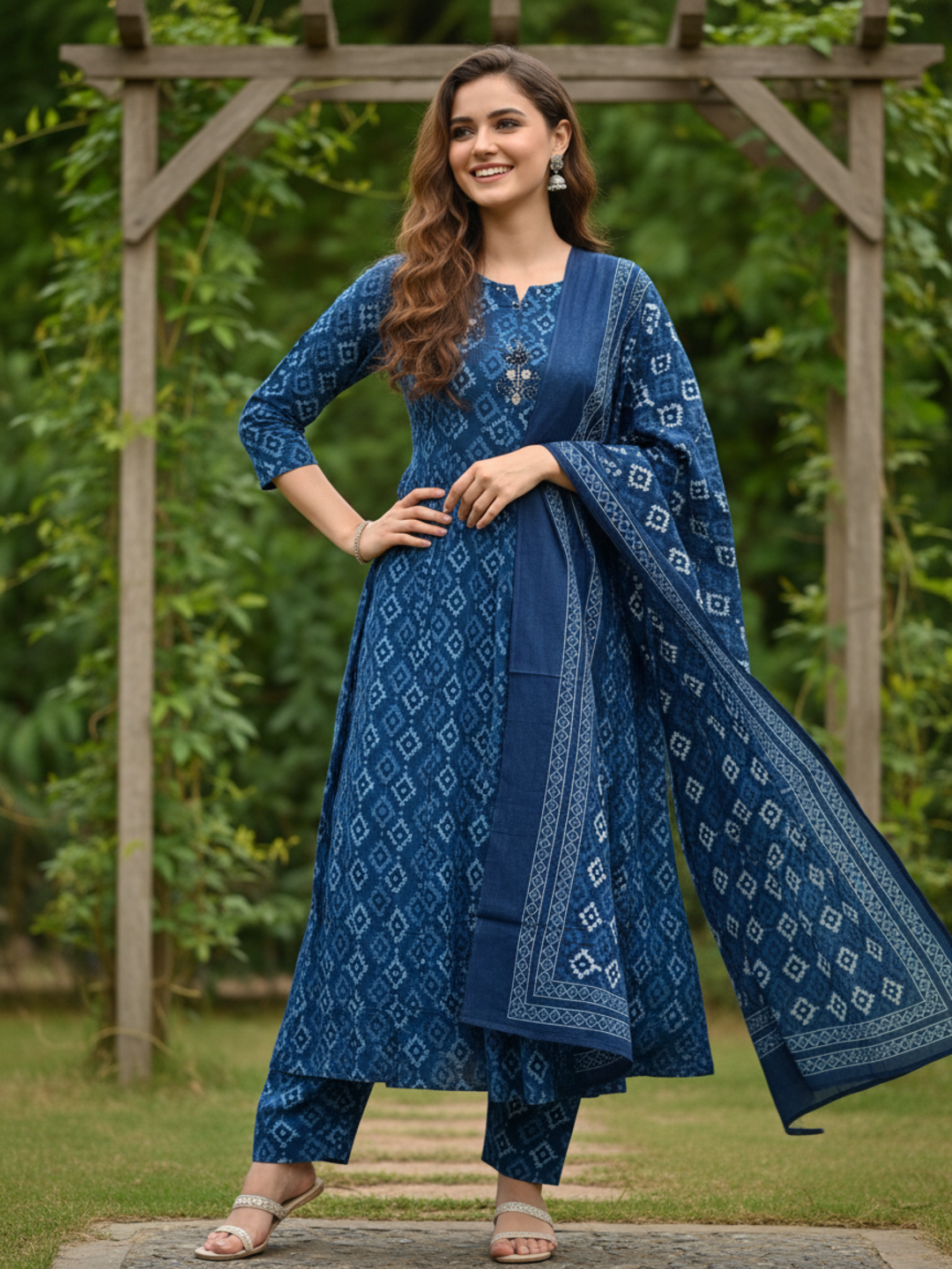 Ethnic Printed Embroidered Anarkali Kurta with Pyjama & Dupatta - Blue