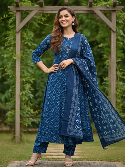 Ethnic Printed Embroidered Anarkali Kurta with Pyjama & Dupatta - Blue