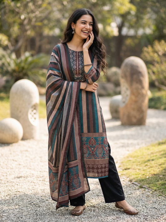 Ethnic Printed Sequin Embellished Straight Kurta with Pant & Dupatta - Multi