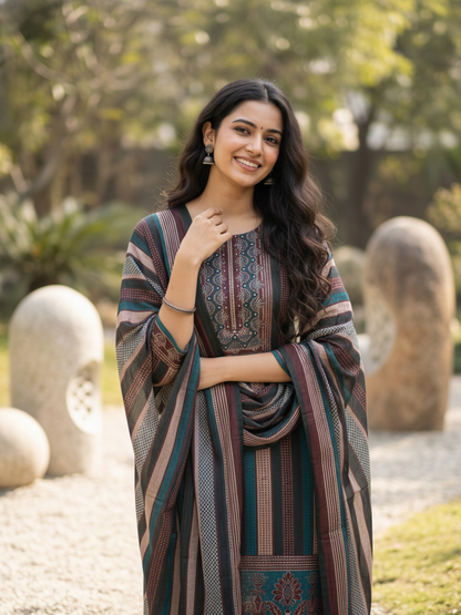 Ethnic Printed Sequin Embellished Straight Kurta with Pant & Dupatta - Multi