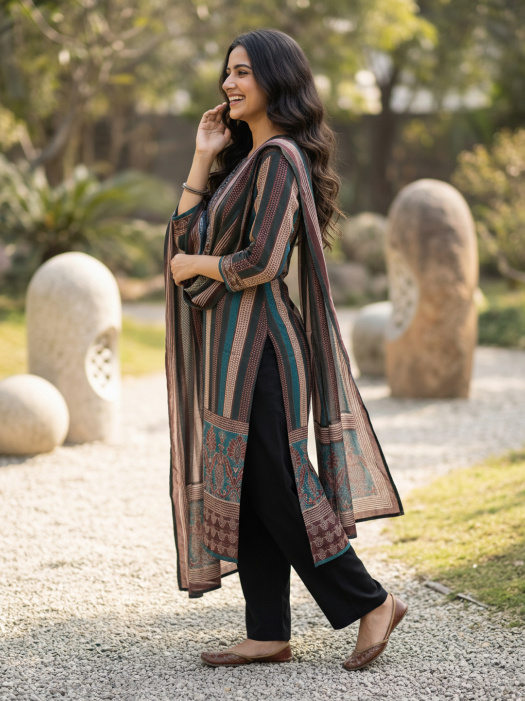 Ethnic Printed Sequin Embellished Straight Kurta with Pant & Dupatta - Multi