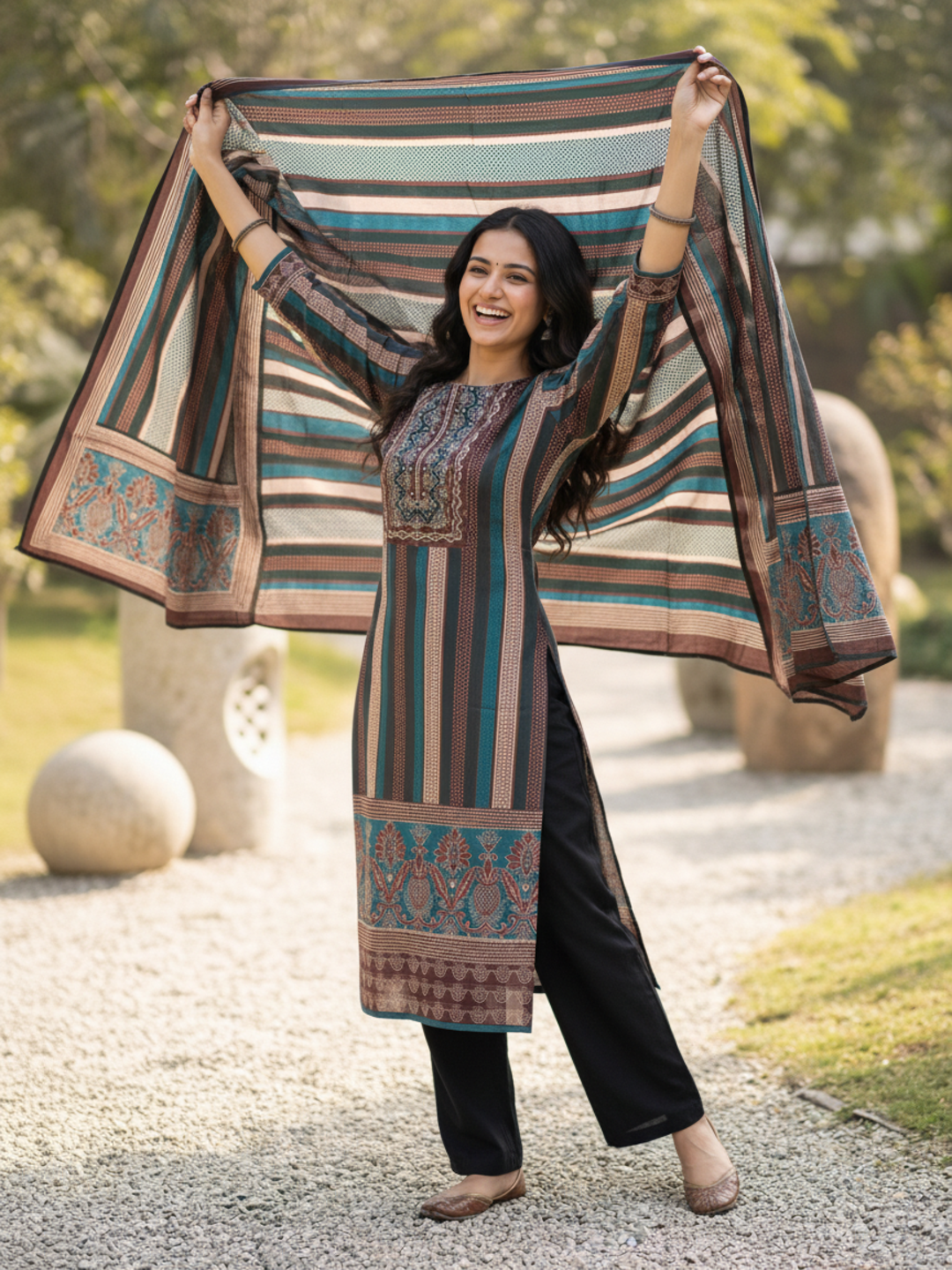Ethnic Printed Sequin Embellished Straight Kurta with Pant & Dupatta - Multi