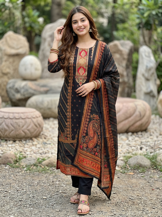 Ethnic Printed Sequin Embellished Straight Kurta with Palazzo & Dupatta - Black
