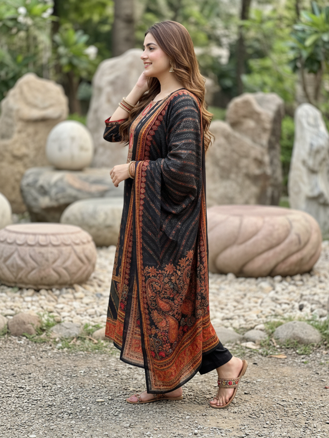 Ethnic Printed Sequin Embellished Straight Kurta with Palazzo & Dupatta - Black