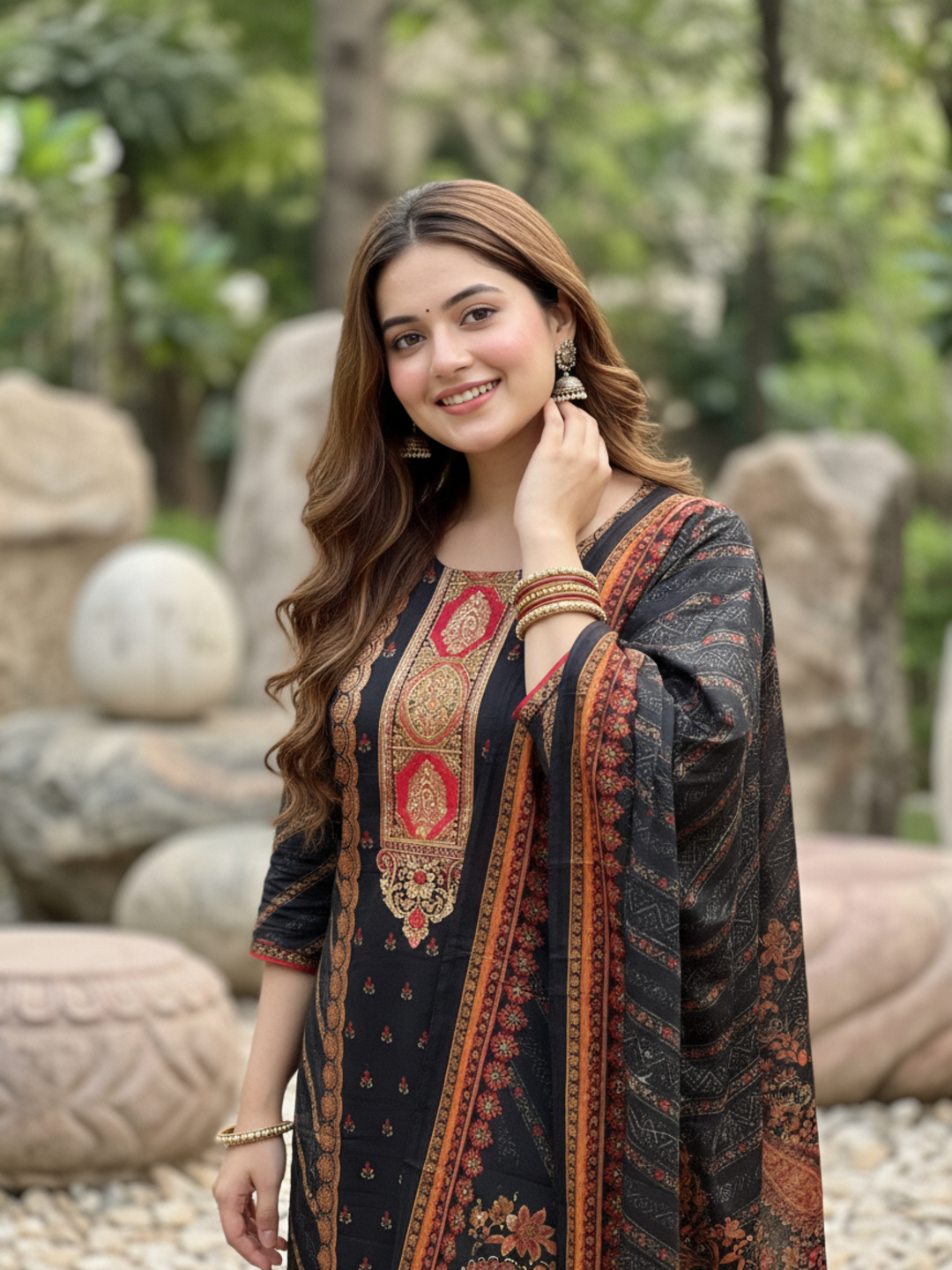 Ethnic Printed Sequin Embellished Straight Kurta with Palazzo & Dupatta - Black