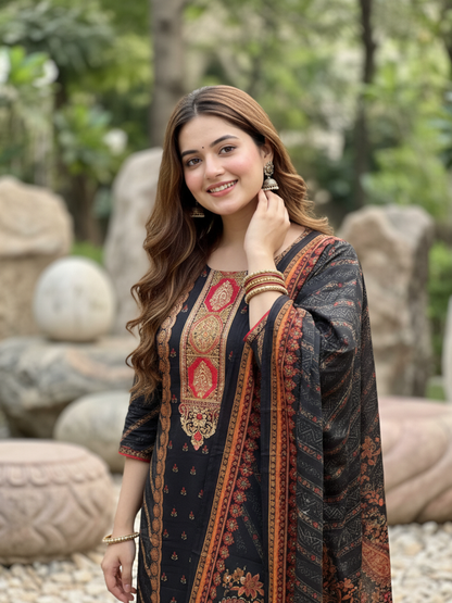 Ethnic Printed Sequin Embellished Straight Kurta with Palazzo & Dupatta - Black