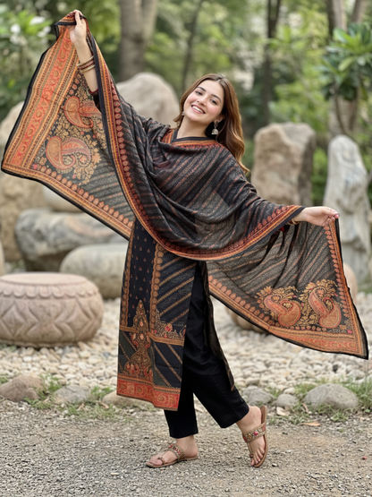 Ethnic Printed Sequin Embellished Straight Kurta with Palazzo & Dupatta - Black