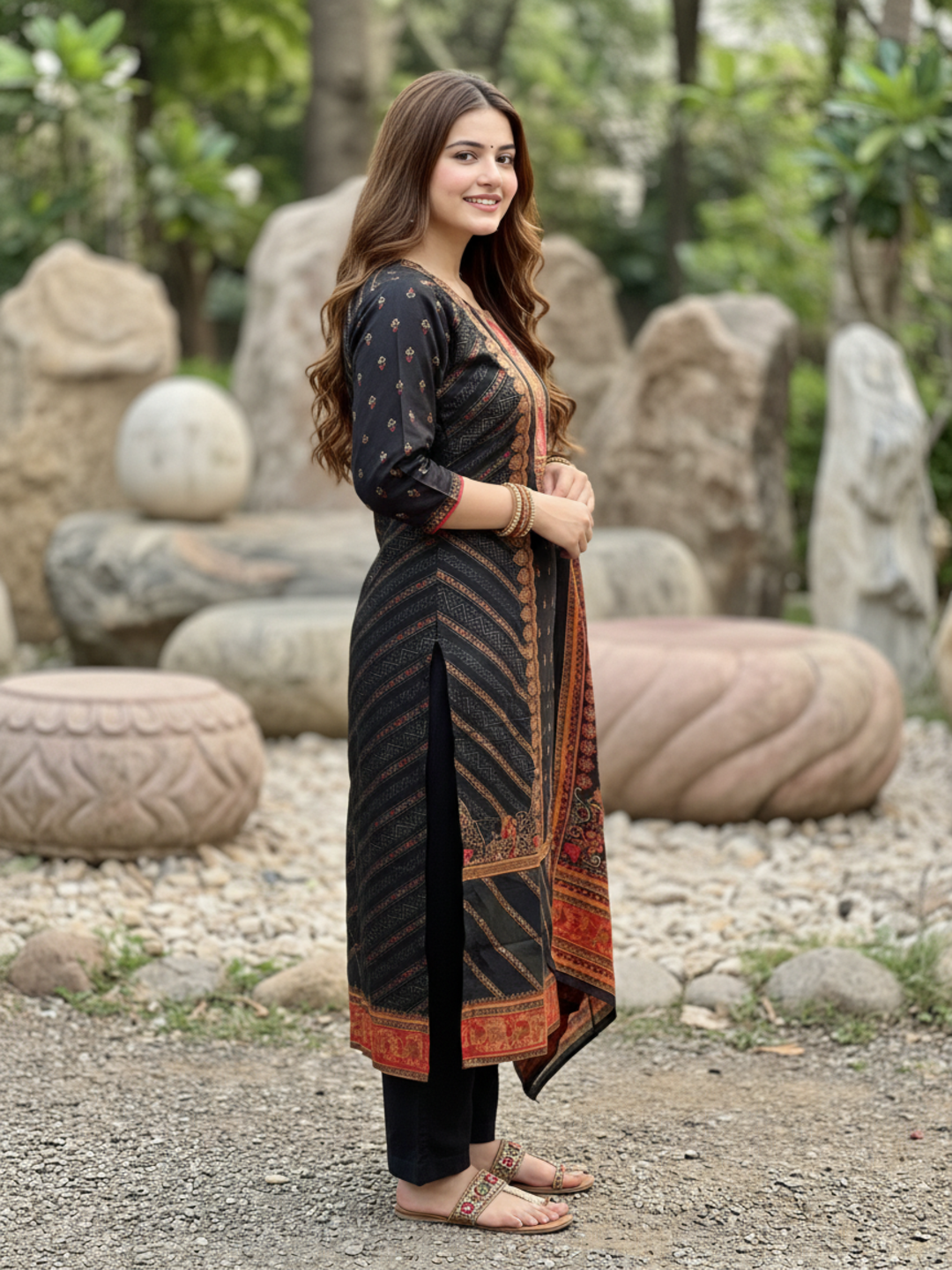 Ethnic Printed Sequin Embellished Straight Kurta with Palazzo & Dupatta - Black