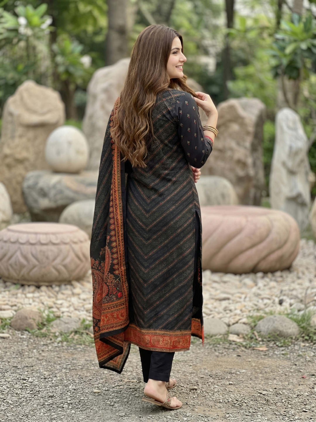 Ethnic Printed Sequin Embellished Straight Kurta with Palazzo & Dupatta - Black