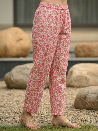 Floral Ethnic Printed Mirror Work, Sequin & Lace A-Line Kurta with Palazzo & Dupatta - Pink