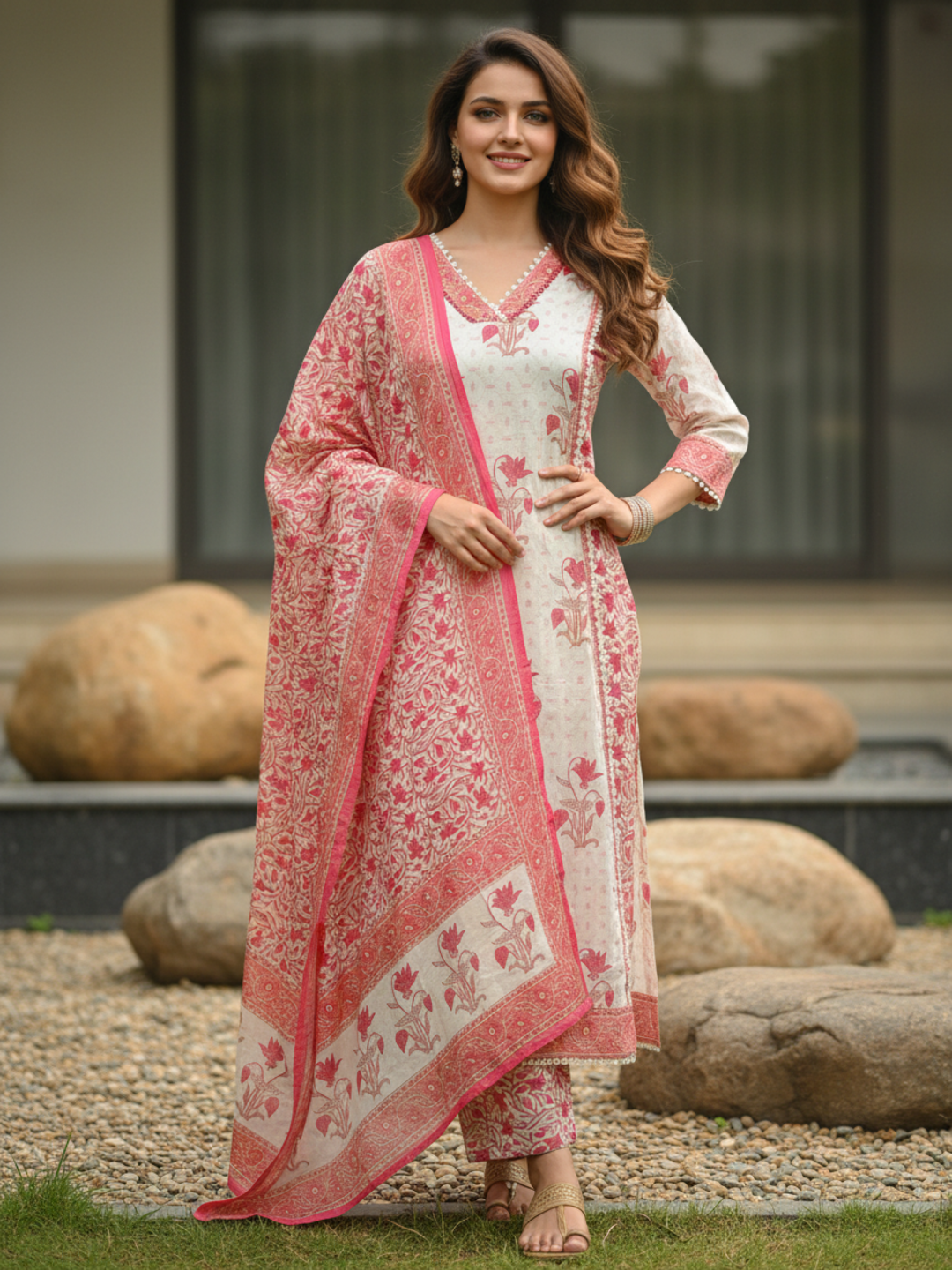 Floral Ethnic Printed Mirror Work, Sequin & Lace A-Line Kurta with Palazzo & Dupatta - Pink