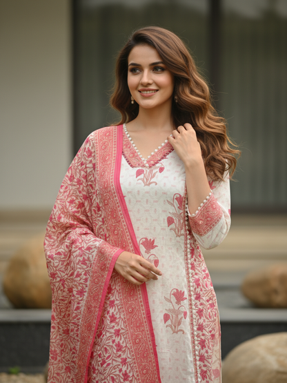 Floral Ethnic Printed Mirror Work, Sequin & Lace A-Line Kurta with Palazzo & Dupatta - Pink