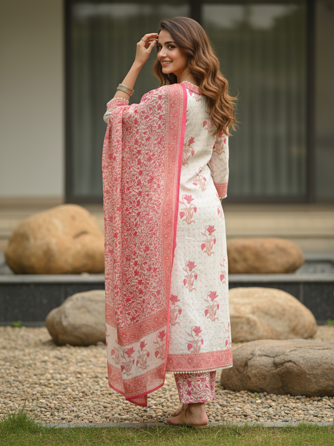 Floral Ethnic Printed Mirror Work, Sequin & Lace A-Line Kurta with Palazzo & Dupatta - Pink