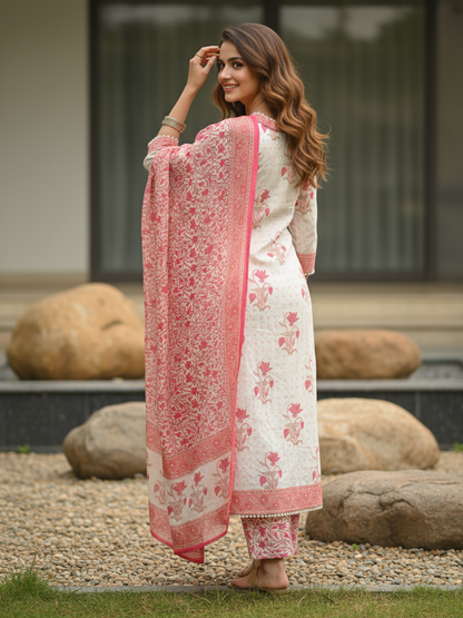 Floral Ethnic Printed Mirror Work, Sequin & Lace A-Line Kurta with Palazzo & Dupatta - Pink