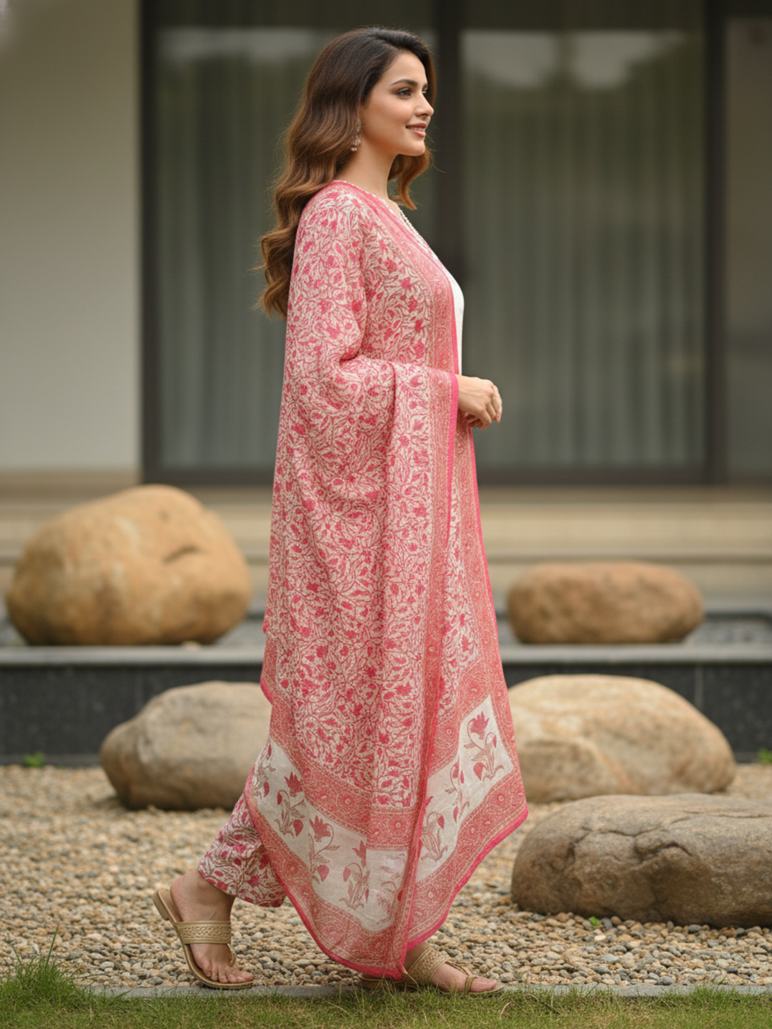 Floral Ethnic Printed Mirror Work, Sequin & Lace A-Line Kurta with Palazzo & Dupatta - Pink