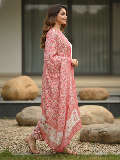Floral Ethnic Printed Mirror Work, Sequin & Lace A-Line Kurta with Palazzo & Dupatta - Pink