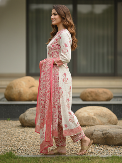Floral Ethnic Printed Mirror Work, Sequin & Lace A-Line Kurta with Palazzo & Dupatta - Pink