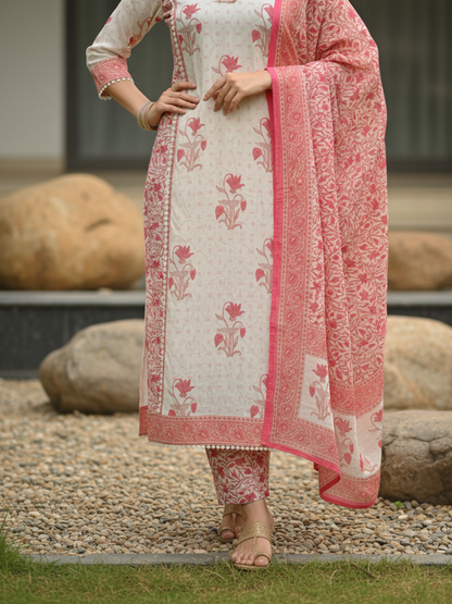 Floral Ethnic Printed Mirror Work, Sequin & Lace A-Line Kurta with Palazzo & Dupatta - Pink