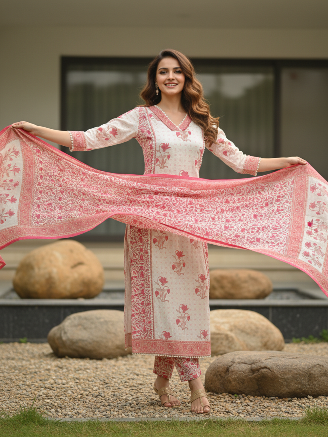 Floral Ethnic Printed Mirror Work, Sequin & Lace A-Line Kurta with Palazzo & Dupatta - Pink