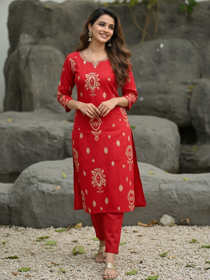 Ethnic Printed Sequin Embellished Straight Kurta with Palazzo & Dupatta - Red