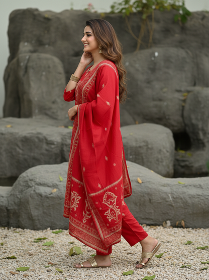 Ethnic Printed Sequin Embellished Straight Kurta with Palazzo & Dupatta - Red