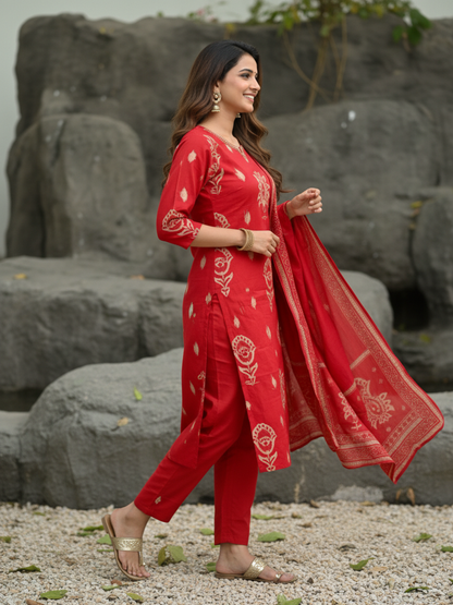 Ethnic Printed Sequin Embellished Straight Kurta with Palazzo & Dupatta - Red