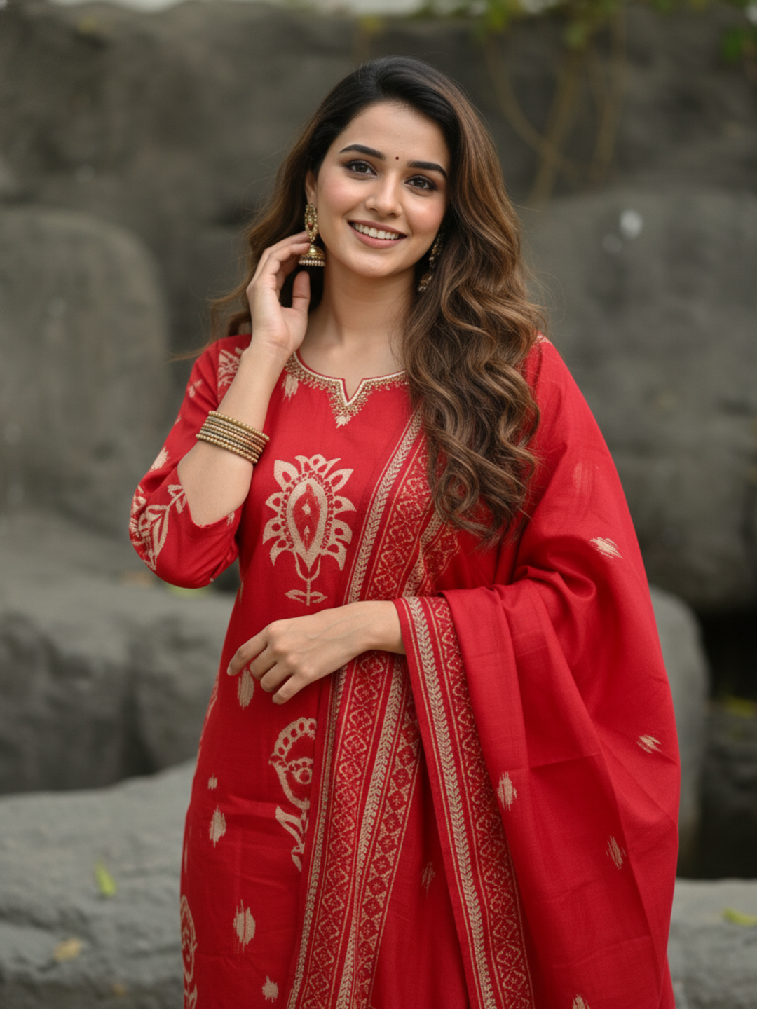 Ethnic Printed Sequin Embellished Straight Kurta with Palazzo & Dupatta - Red