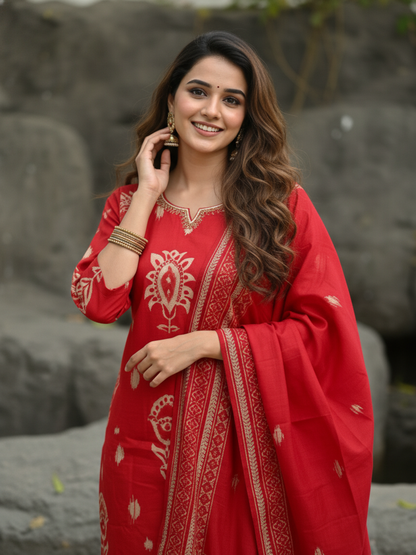 Ethnic Printed Sequin Embellished Straight Kurta with Palazzo & Dupatta - Red