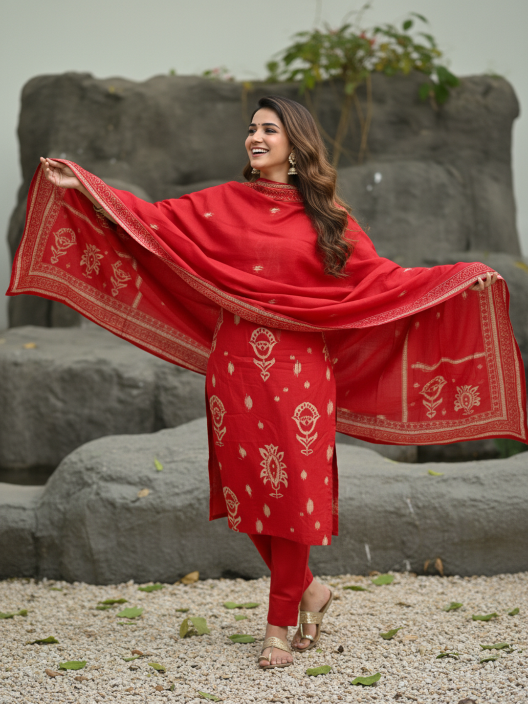 Ethnic Printed Sequin Embellished Straight Kurta with Palazzo & Dupatta - Red