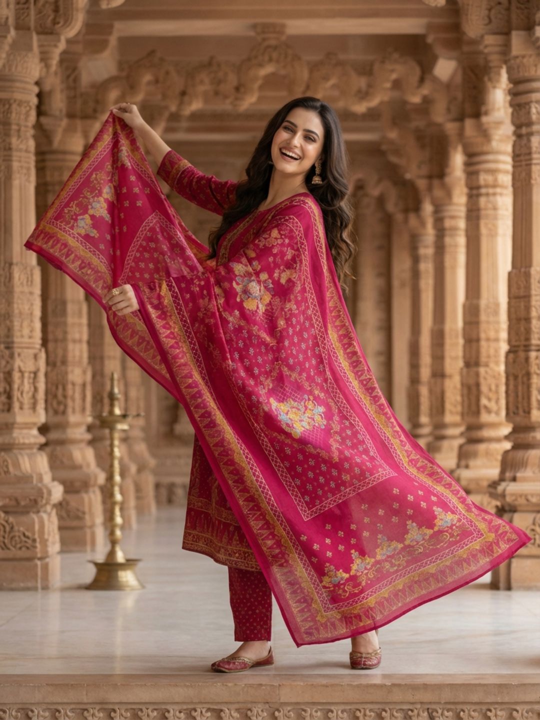 Ethnic Printed Sequin Embellished Straight Kurta with Palazzo & Dupatta - Rani Pink