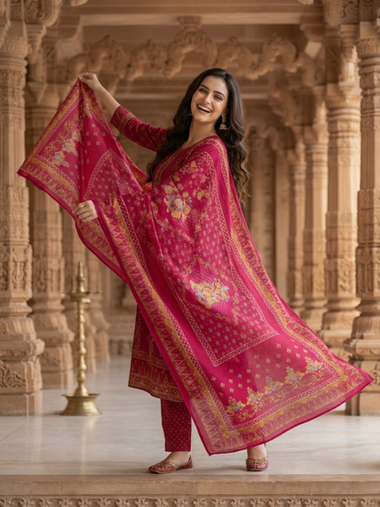 Ethnic Printed Sequin Embellished Straight Kurta with Palazzo & Dupatta - Rani Pink