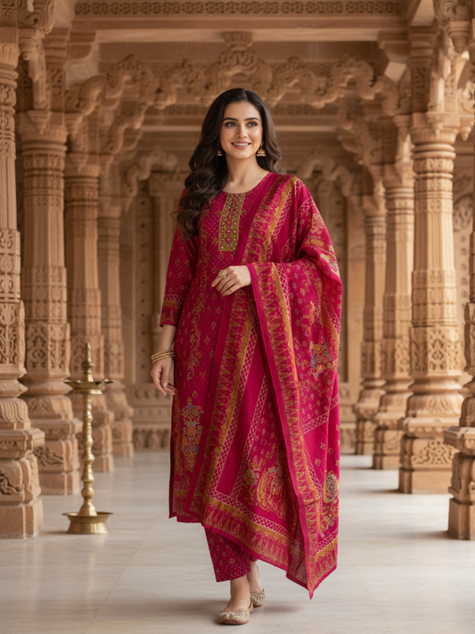 Ethnic Printed Sequin Embellished Straight Kurta with Palazzo & Dupatta - Rani Pink
