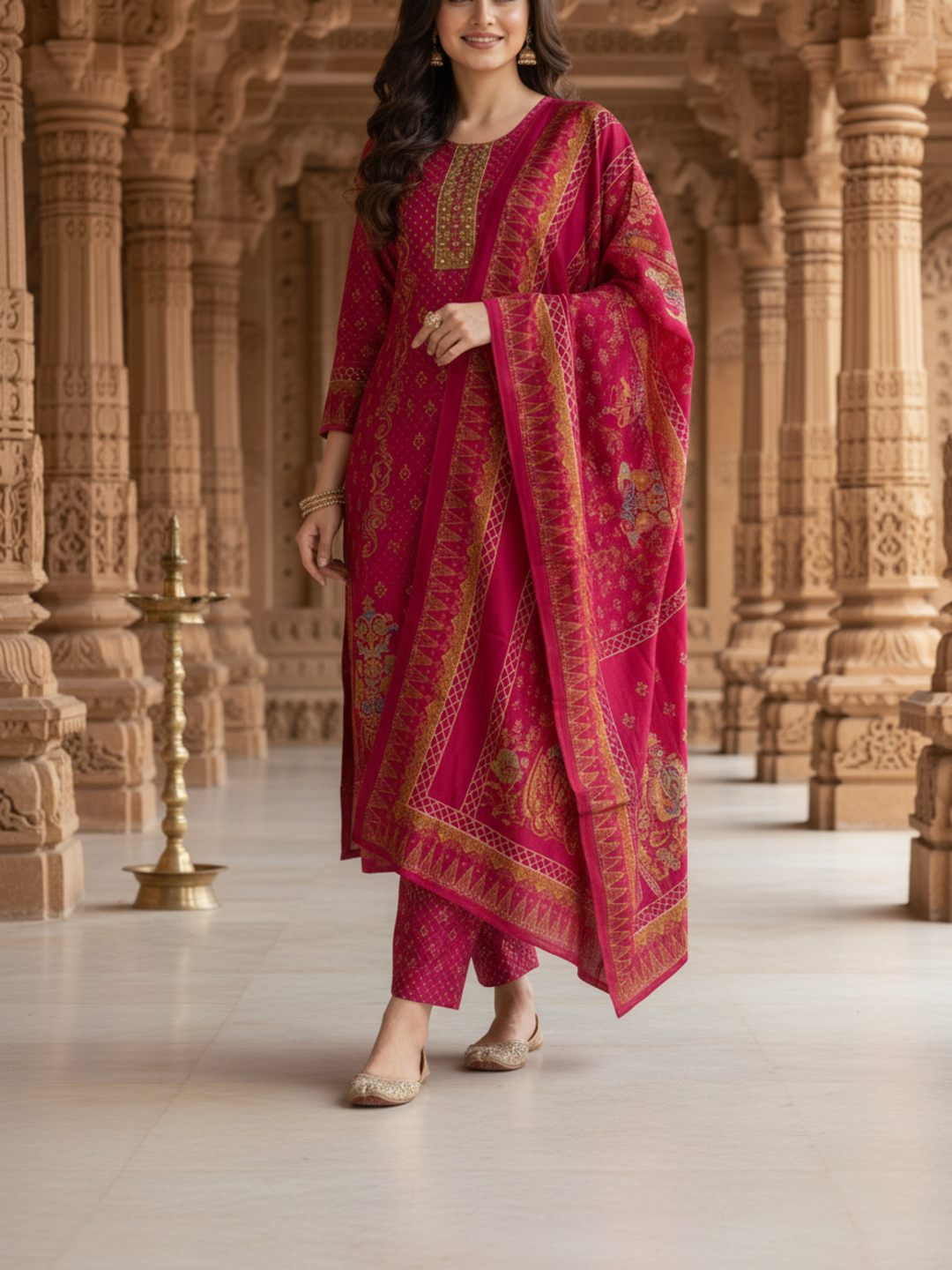 Ethnic Printed Sequin Embellished Straight Kurta with Palazzo & Dupatta - Rani Pink
