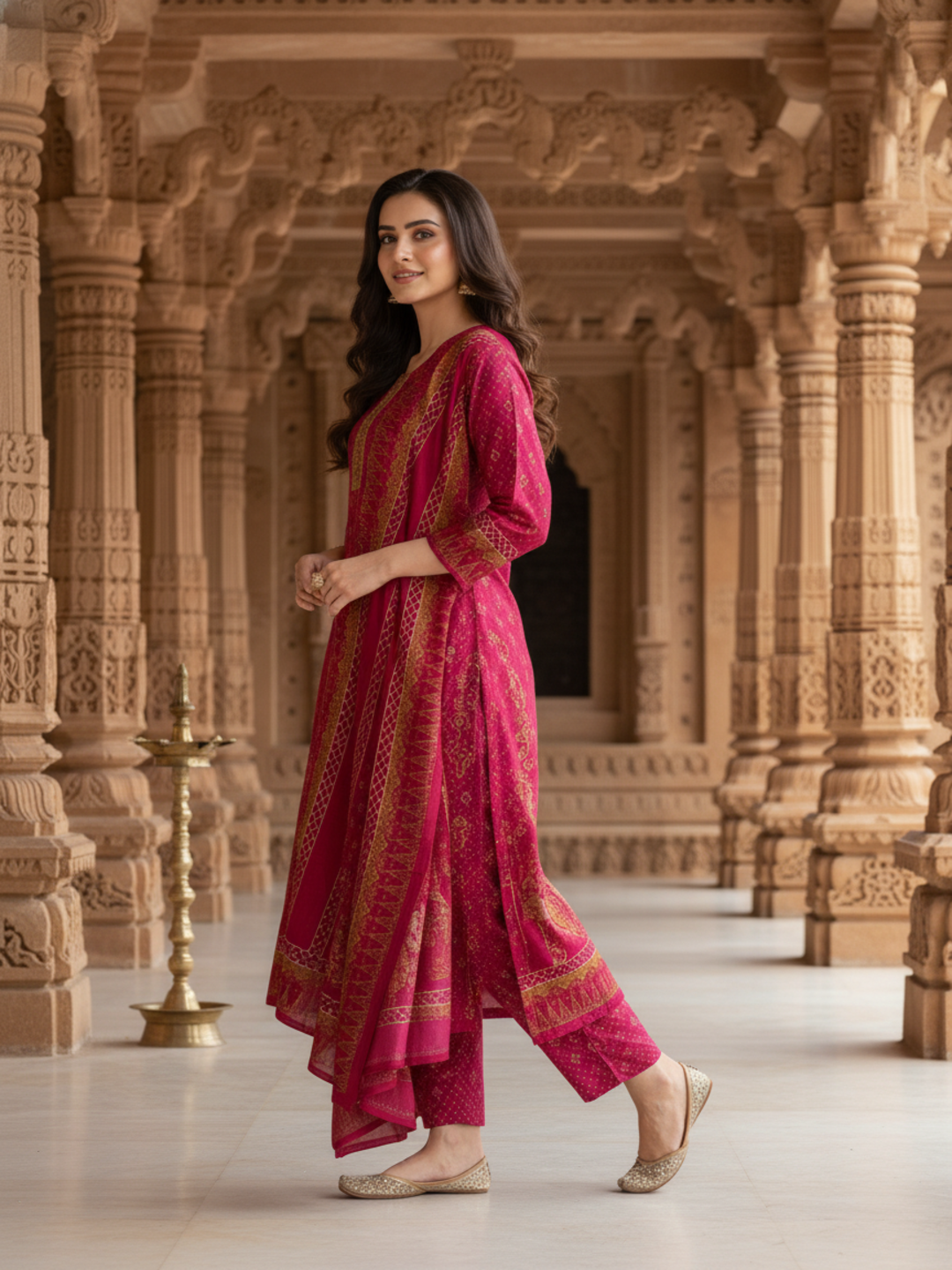 Ethnic Printed Sequin Embellished Straight Kurta with Palazzo & Dupatta - Rani Pink