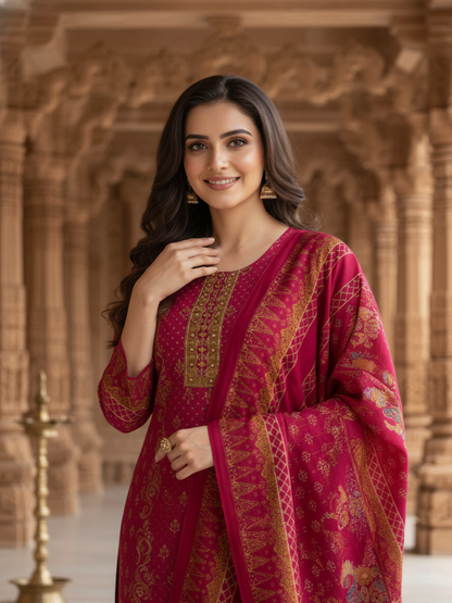 Ethnic Printed Sequin Embellished Straight Kurta with Palazzo & Dupatta - Rani Pink