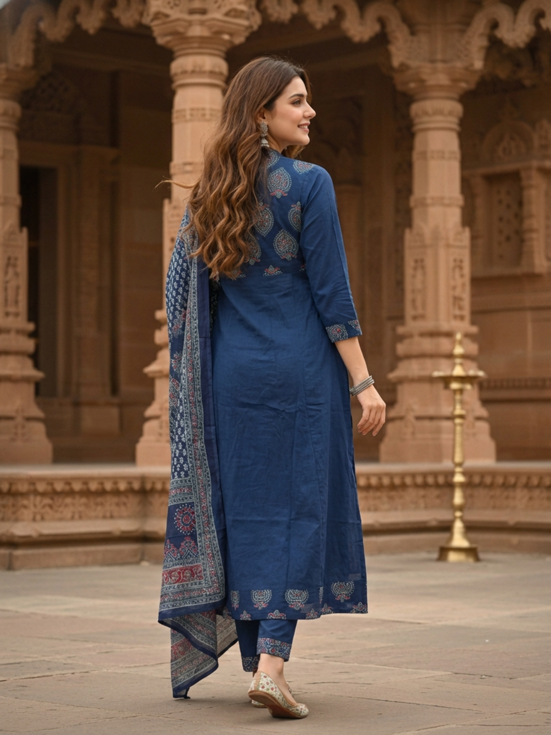 Ethnic Printed & Solid Sequin Embellished Anarkali Kurta with Pant & Dupatta - Navy Blue
